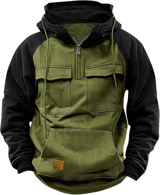 Fall Winter Retro Cargo Hoodies Men's Half Zipper Sweatshirts Men null Army Green 3XL