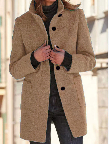 Fashion Stand Collar Woolen Coat With Pockets Fall Winter Women DealSniper.net Khaki 2XL
