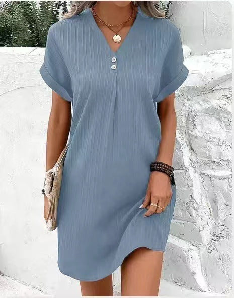 Fashion V-neck Short-sleeved Dress Casual Solid Strip Women dealsniper-net Sea Blue 3XL