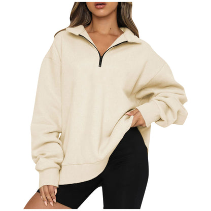 Women Sweatshirts Zip Turndown Collar Loose Casual Tops Clothes Women dealsniper-net Apricot 3XL