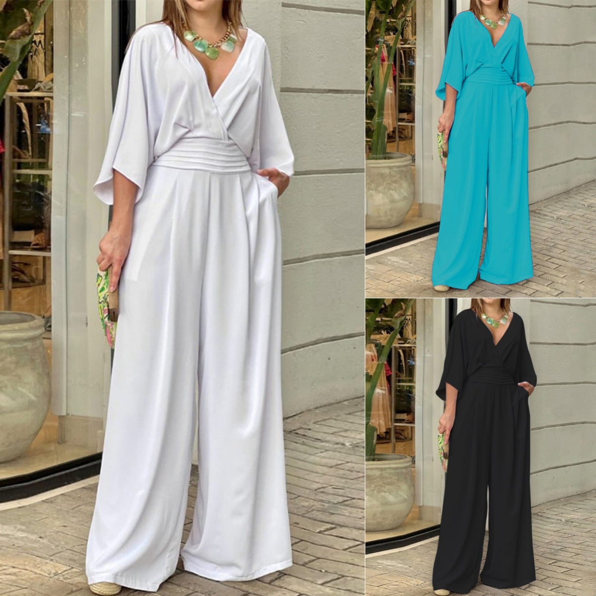 Women's Jumpsuit V-neck Solid Color Summer Trendy Fashion Women Gym From House