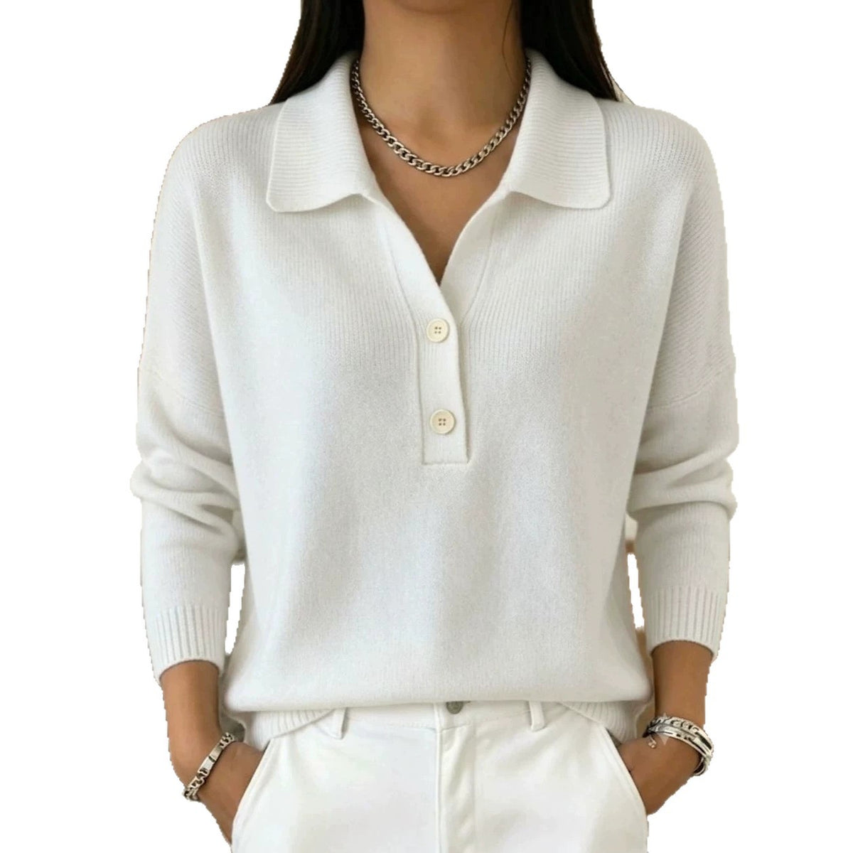 Women 's Polo Collar Knit Sweater Half Button V Neck Solid Color Women Gym From House