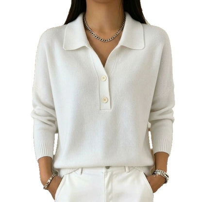 Women 's Polo Collar Knit Sweater Half Button V Neck Solid Color Women Gym From House