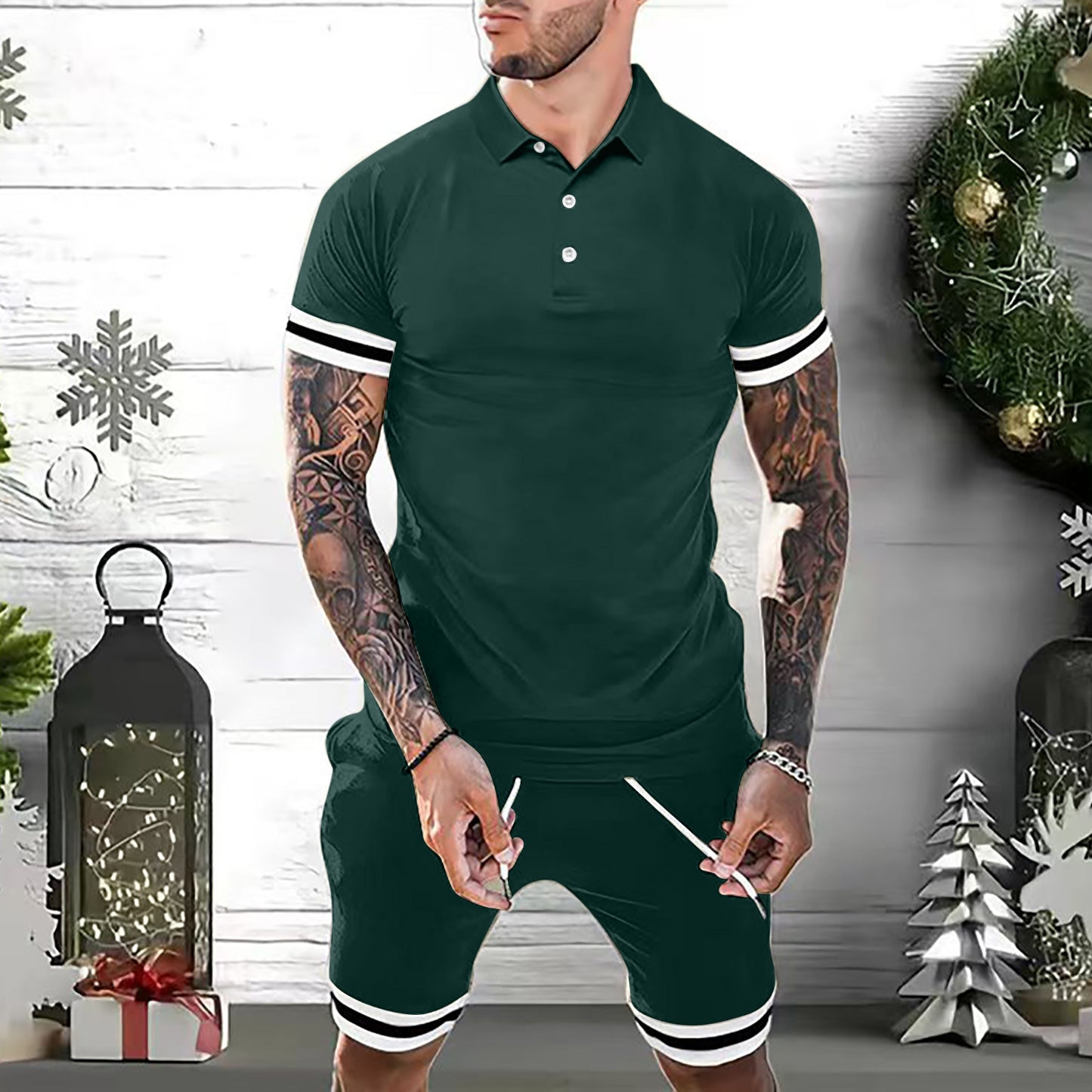 Mens Short Sets 2 Piece Outfits Polo Shirt Fashion Summer Men dealsniper-net Green 2XL