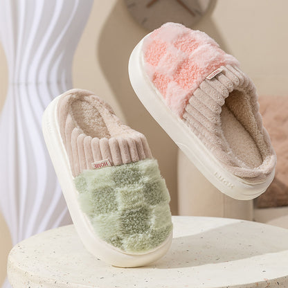 Plaid Plush Slippers Women's Indoor Plush Home Slippers Soft Sole Thick Non-Slip Warm House Shoes Couple Autumn And Winter Women DealSniper.net