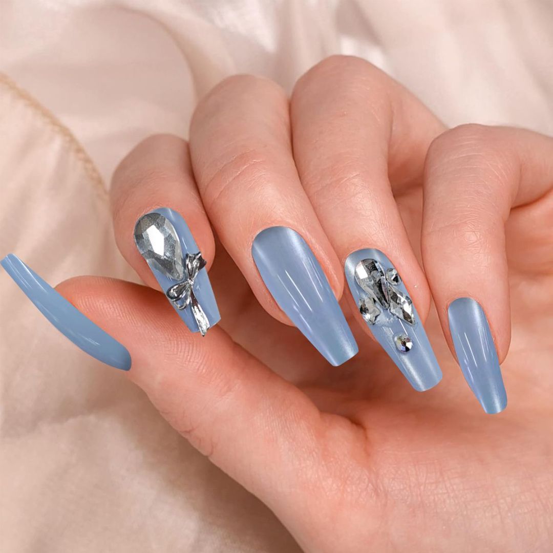 Blue With Large Diamond Nails Beauty dealsniper-net