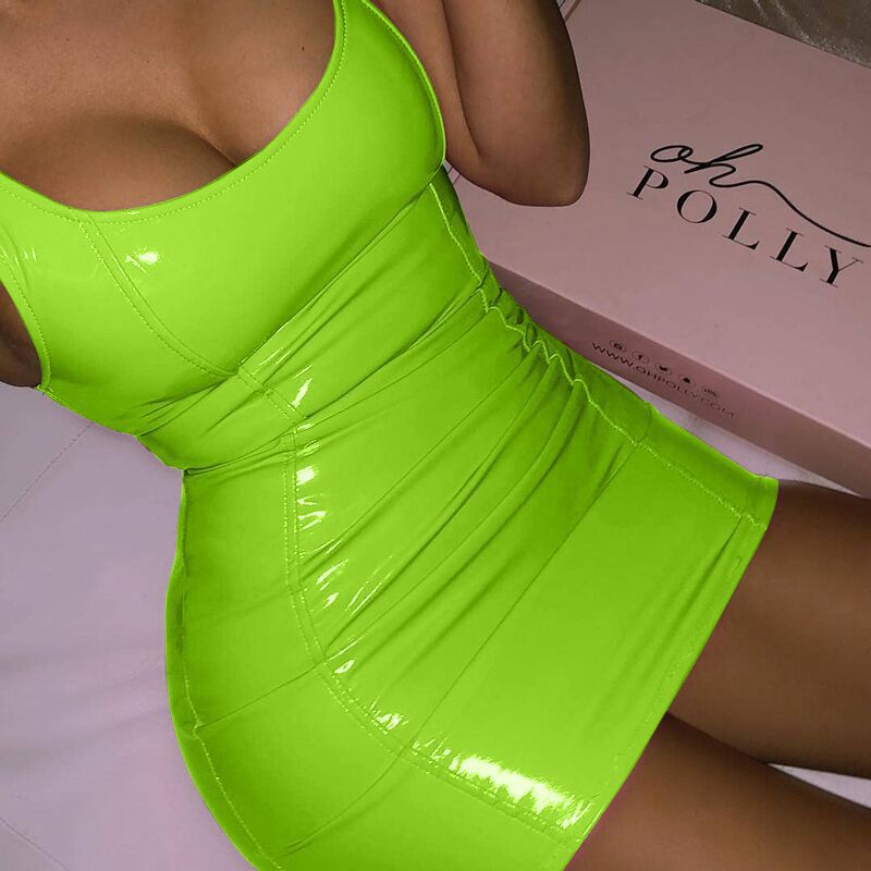 Solid Color Sling Dress Female Sexy Tight Leather Hip Skirt Party Festival Dresses Women dealsniper-net Fluorescent green L