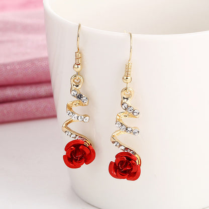 Fashion Jewelry Ethnic Red Rose Drop Earrings Big Rhinestone Women dealsniper-net Gold