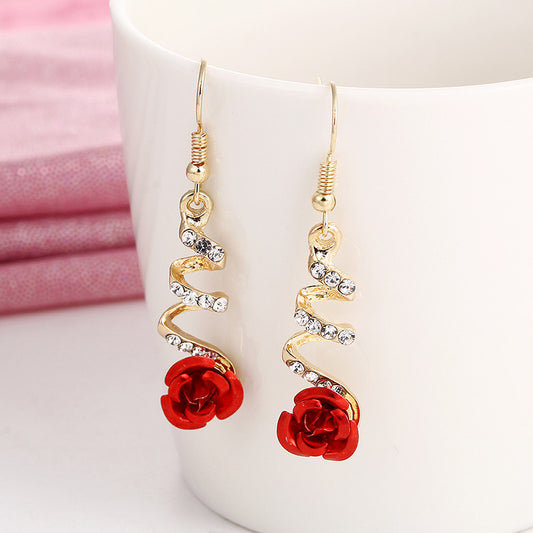 Fashion Jewelry Ethnic Red Rose Drop Earrings Big Rhinestone