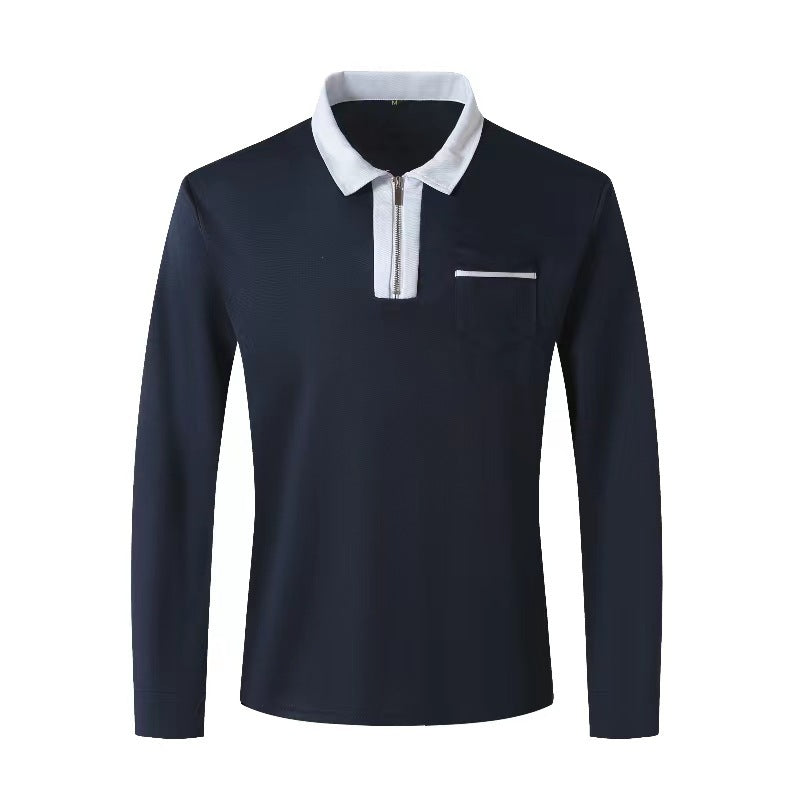 Autumn Mens Long Sleeve Zipper Polo Shirts Casual Lapel Men DealSniper.net Navy Blue With White 2XL