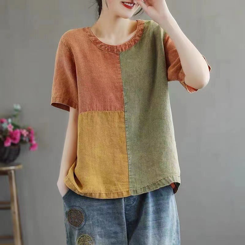 Cotton Linen Contrast Color T-shirt Artistic Design Half Sleeve Women Women dealsniper-net