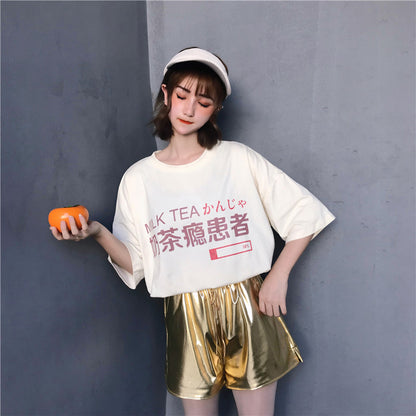 Milk Tea Addiction Patient Print T-shirt Loose Wild Slimming Girlfriends Shirt Women dealsniper-net