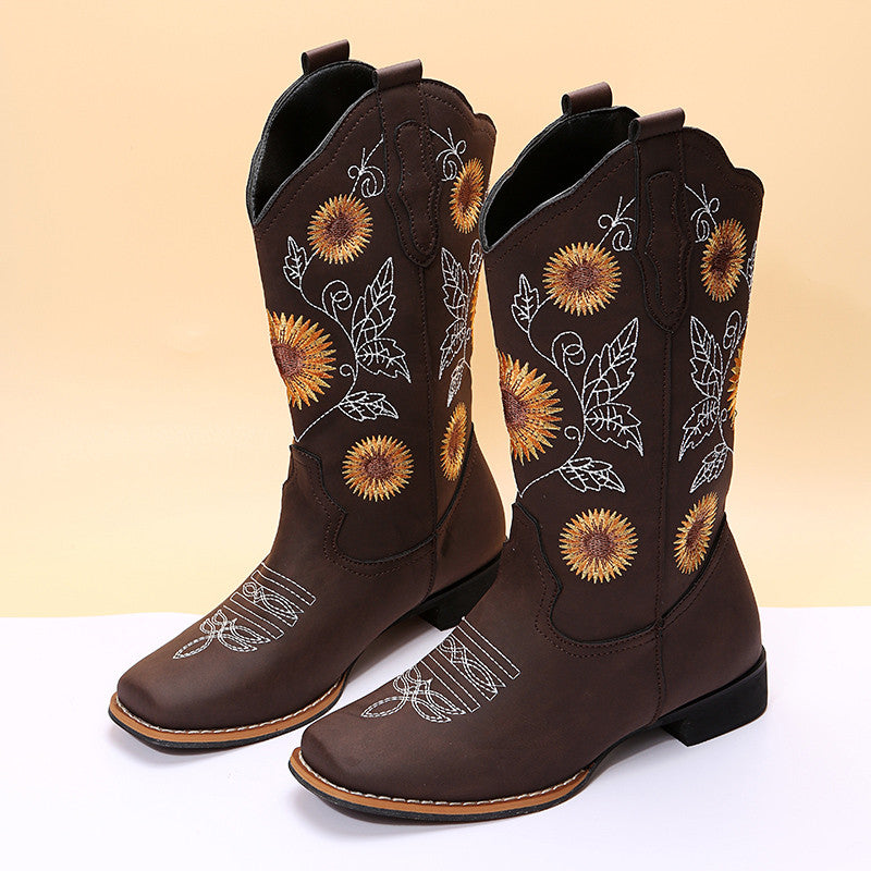 Cowboy Boots Women Sunflower Embroidery Shoes Low Heel Western Boot Women DealSniper.net Brown Size35
