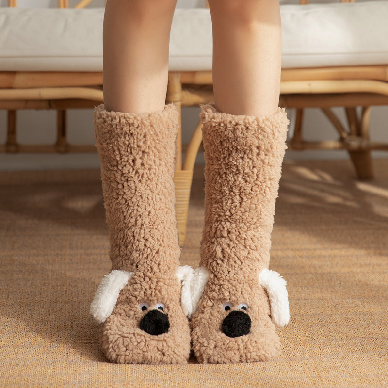 Cute Cartoon Dog Floor Socks Winter Warm Non-slip Women BeardAir.com Coffee Dog One size