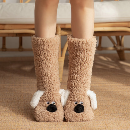 Cute Cartoon Dog Floor Socks Winter Warm Non-slip Women BeardAir.com Coffee Dog One size