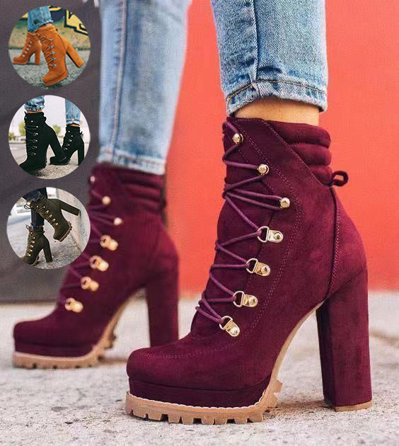 Heeled Boots For Women Round Toe Lace UP High Heels Boots Mid Calf Shoes Women dealsniper-net