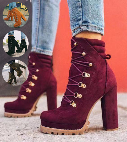 Heeled Boots For Women Round Toe Lace UP High Heels Boots Mid Calf Shoes Women dealsniper-net