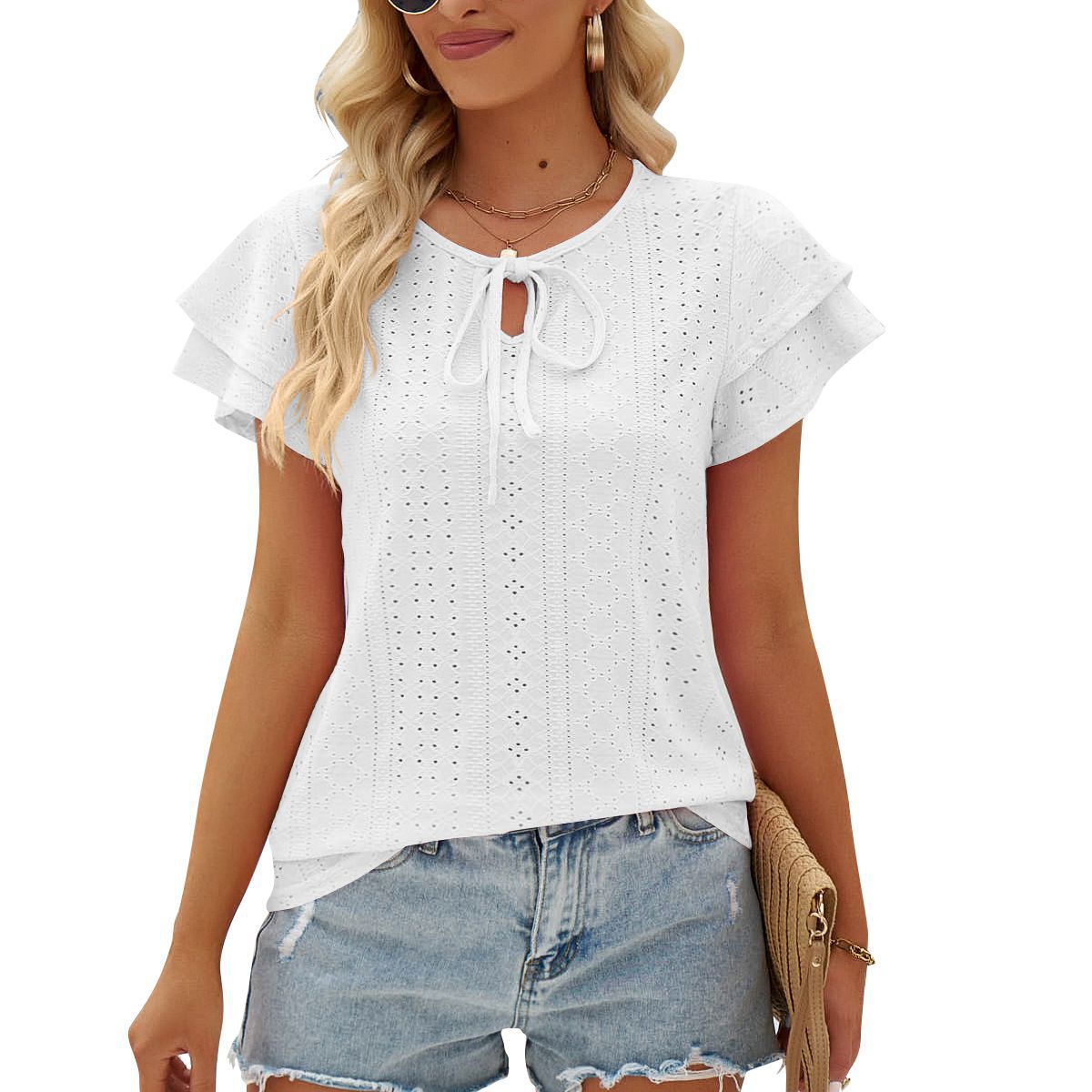 Women's Hole Hollow-out Lace-up Double-layer Sleeve Top Women dealsniper-net White L