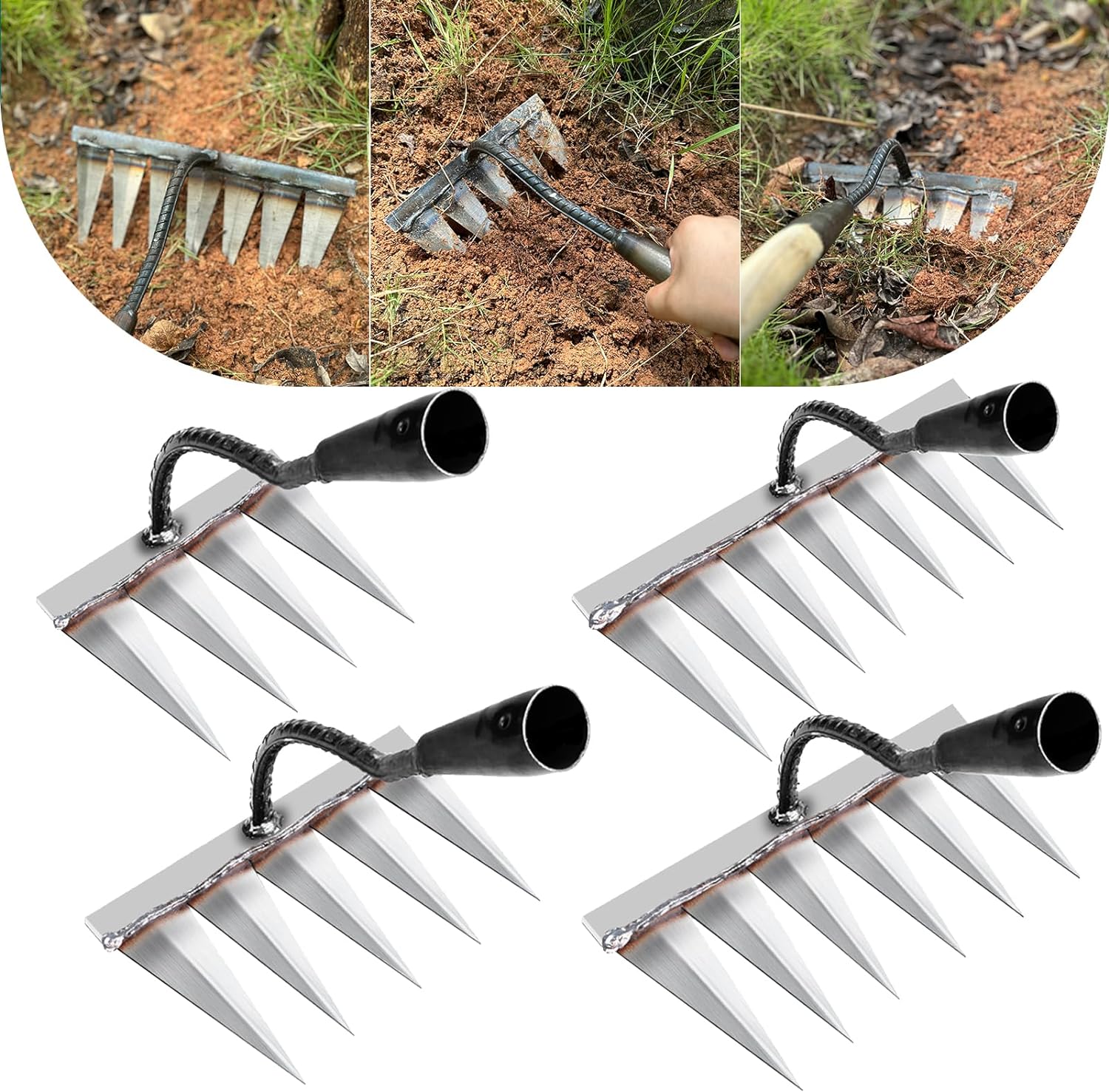 4 PCS Iron Rake, Garden Rake, Iron Rake The Heavy-Duty Iron Weeding Rake, Iron Rake Weeder With Handle, Iron Hoe Rake For Backyard Gardening Weeding Loosening Farm Planting - 4, 5, 6, 7 Tines Garden dealsniper-net