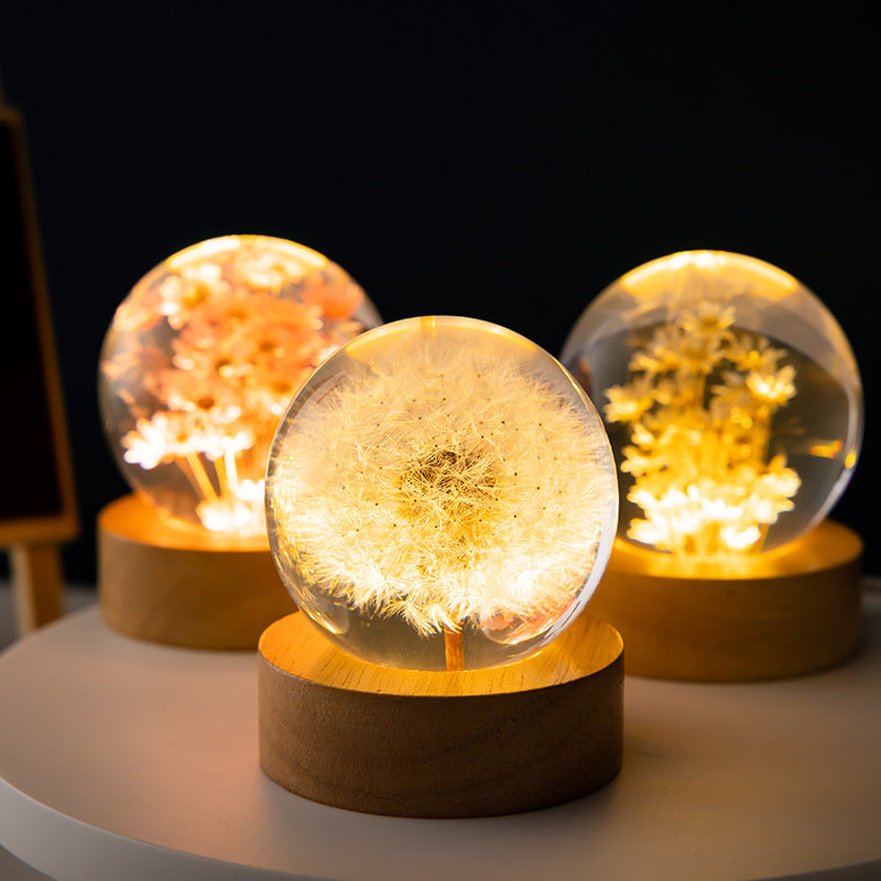 Luminous 3D Dandelion Crystal Ball Beech Wood Stand Christmas Gifts