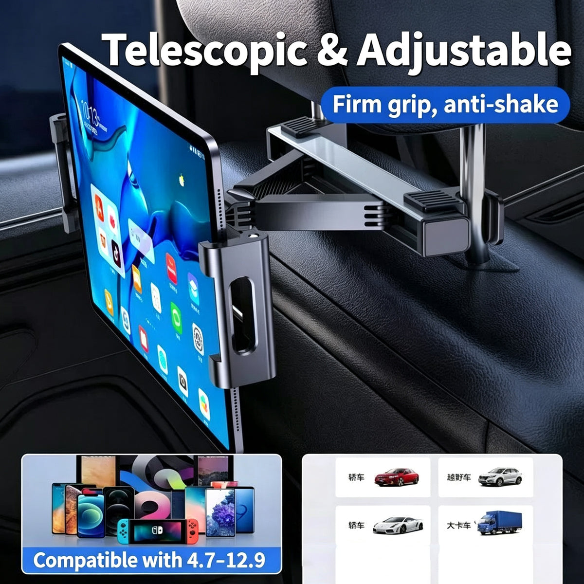 Car Headrest Tablet Holder Back Seat Car Tablet Mount Telescopic Vehicle DealSniper.net