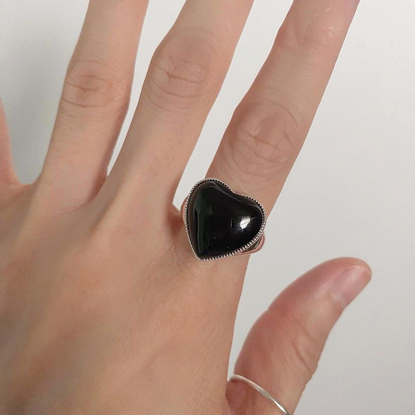 Silver Black Agate Loving Heart With Opening Women's Ring Simple Jewelry dealsniper-net