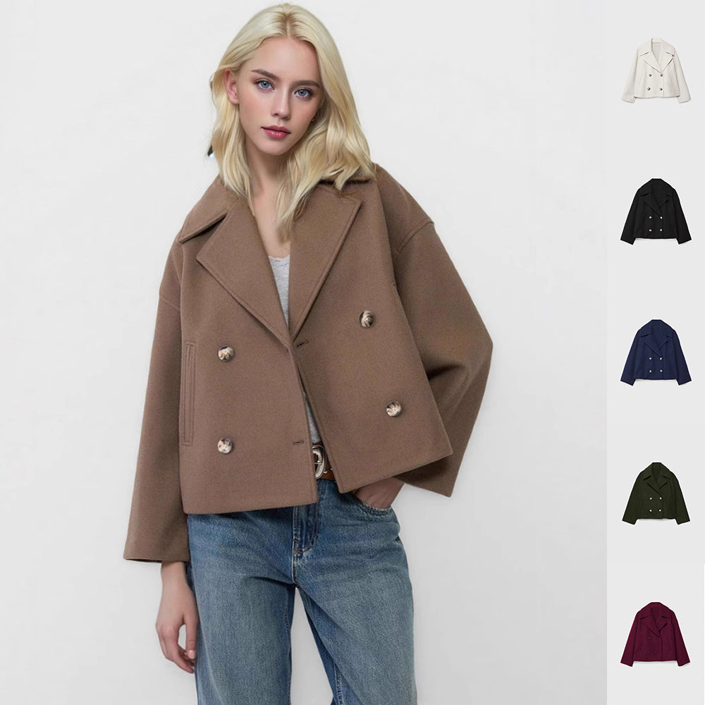 Ins Double-breasted Lapel Blazer Jacket Fashion Loose Woolen Women null
