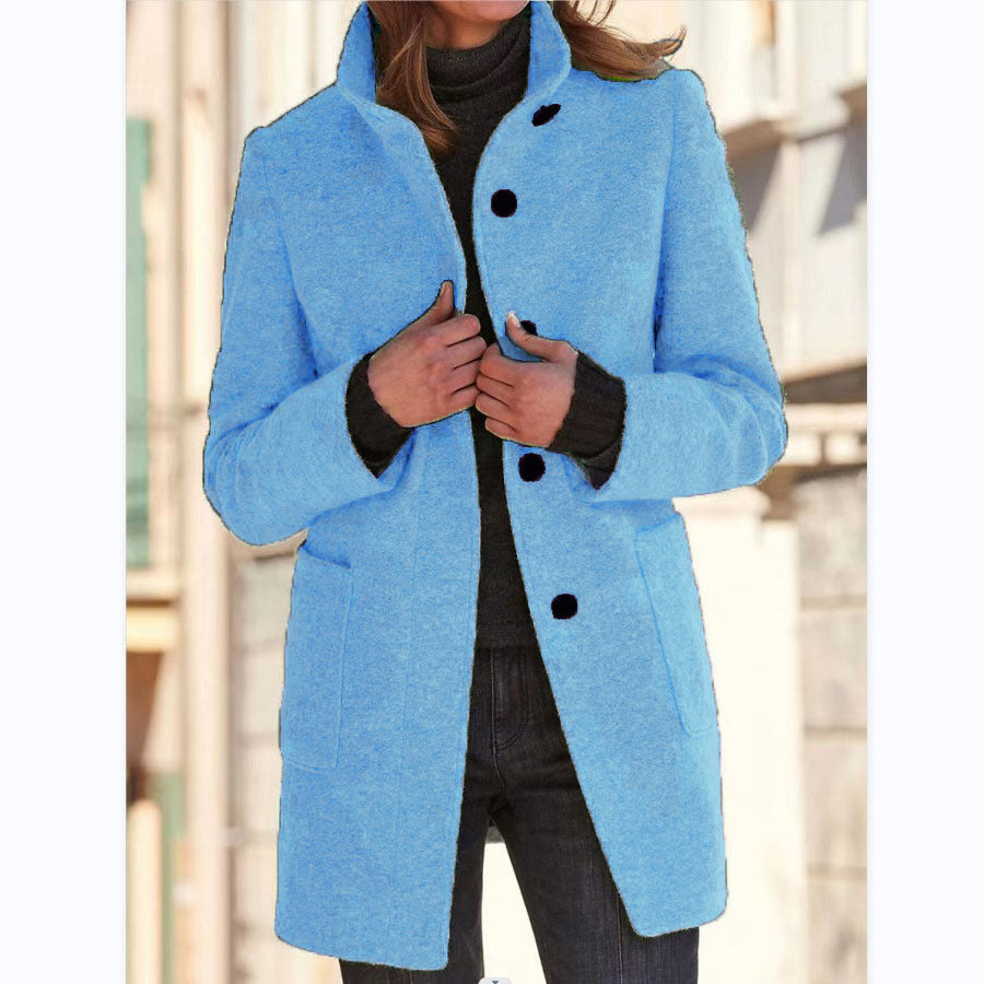 Fashion Stand Collar Woolen Coat With Pockets Fall Winter Women dealsniper-net Light Blue 2XL