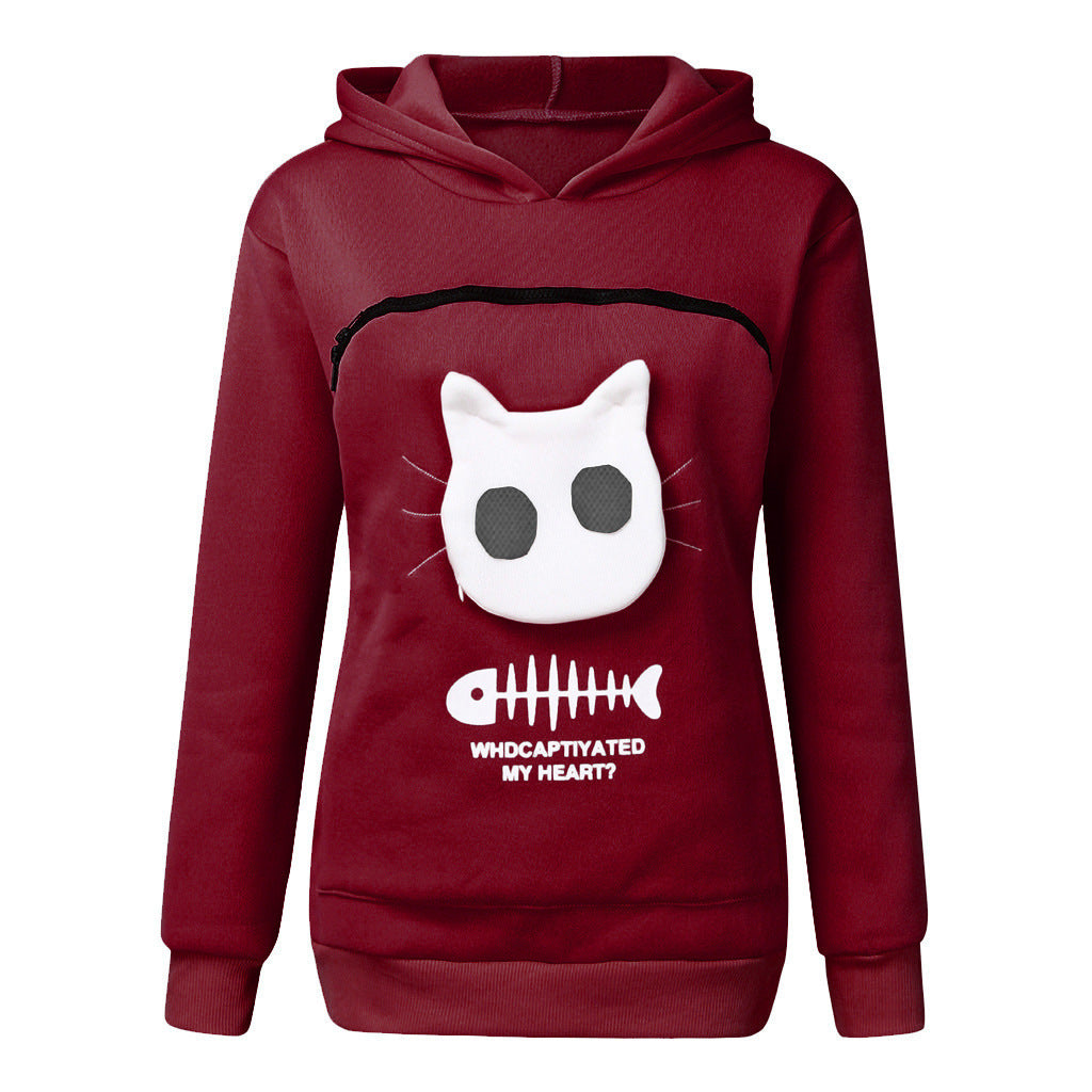 Cat print hoodie Women dealsniper-net Wine red 3XL