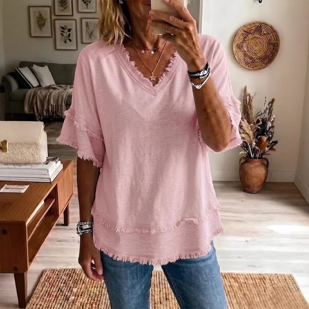 Casual Women's Shirt V-Neck Short Sleeve Loose Fit Women Gym From House