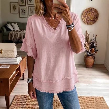 Casual Women's Shirt V-Neck Short Sleeve Loose Fit Women Gym From House