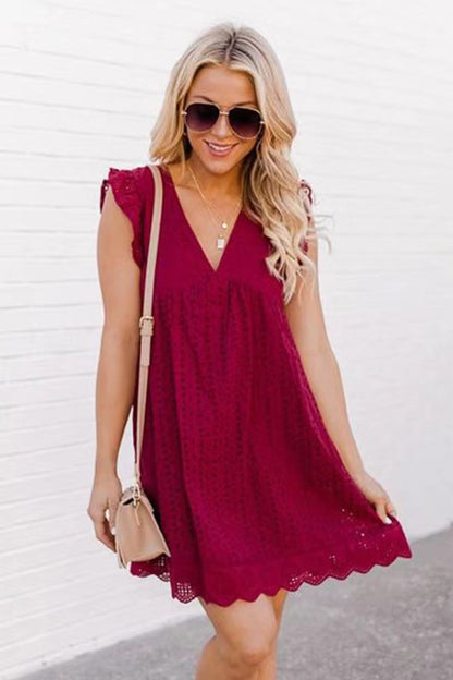 Lace Dresses With Pocket Summer Sleeveless Jacquard Cutout V-Neck Beach Dress Women dealsniper-net