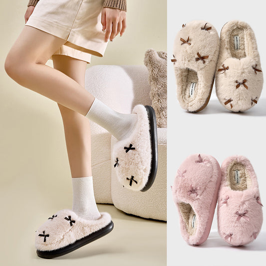 Women's Cute Plush Home Slippers Butterfly Knot Cotton Slippers