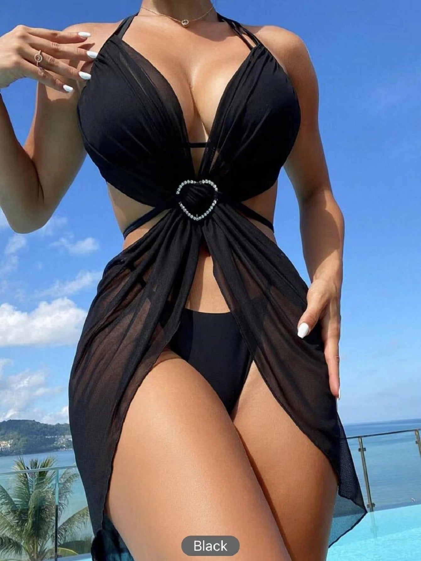 3 pcs Halter Neck Bikini Beach Summer Split Swimsuit Women dealsniper-net Black L