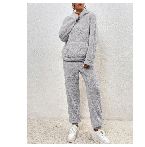 Winter Plush Pajama Set Fashion Casual Hooded Top And Elastic Band Women null Grey 2XL
