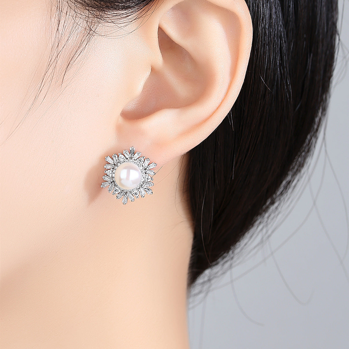 Sterling Silver Snowflake Stud Earrings Korean Gemstone Pearl Earrings Fashion Silver Jewelry dealsniper-net