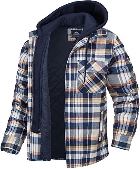 Men's Plaid Hooded Coat Winter Warm Button Zip-up Jacket Women null Orange 2XL