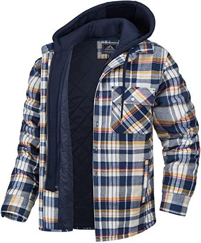 Men's Plaid Hooded Coat Winter Warm Button Zip-up Jacket Women null Orange 2XL