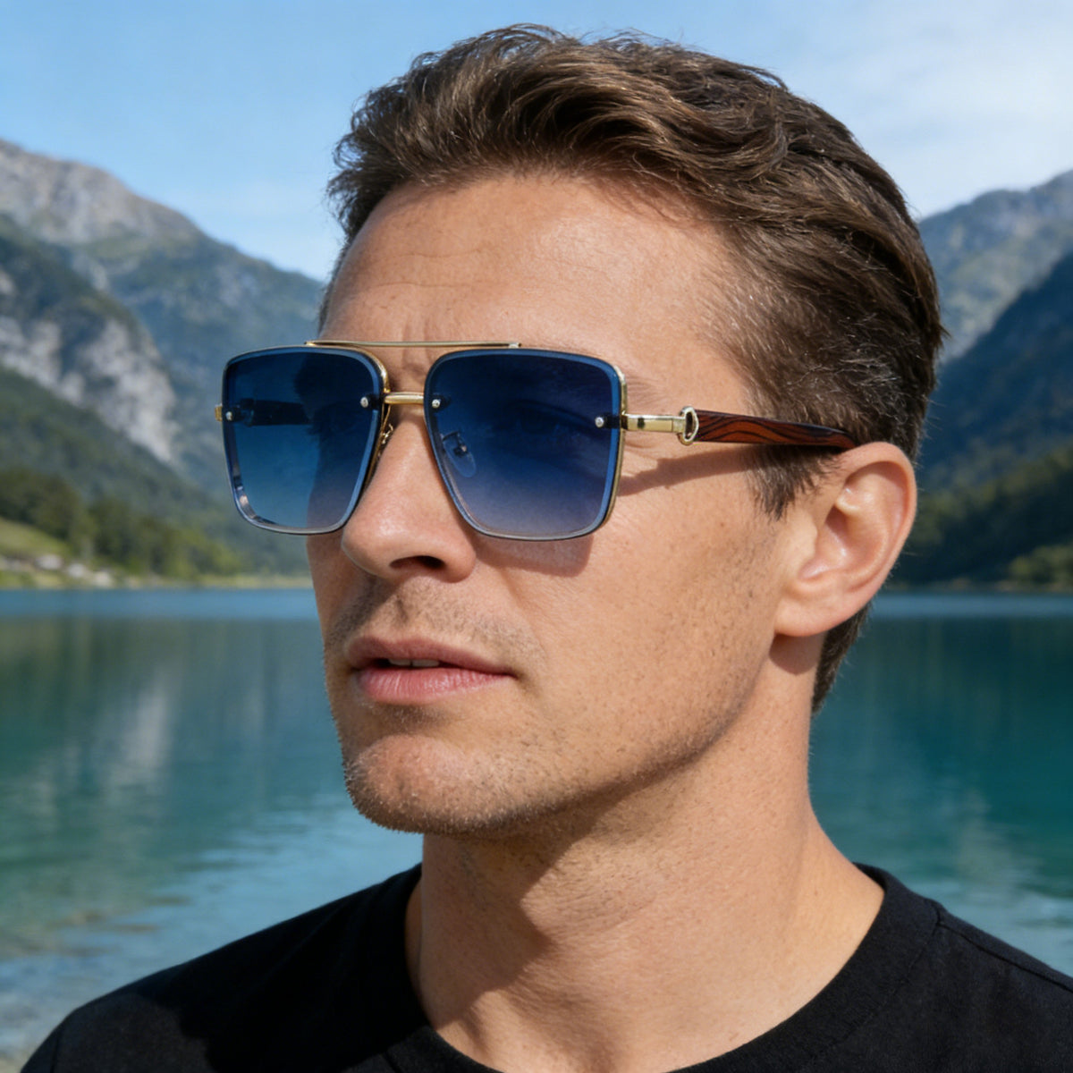 Square Frame Cut Edge Sunglasses Men's Imitation Wood Grain Men Gym From House