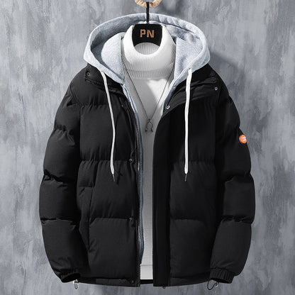 Fashion Hooded Jacket Men Winter Windproof Thickened Fake Two-piece Coat Solid Leisure Sports Cotton Jacket Men dealsniper-net Black 2XL