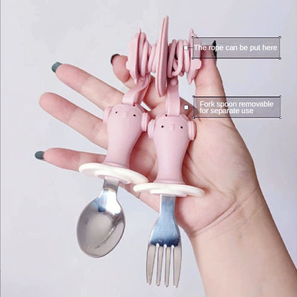 Infant Stainless Steel Training Spoon Fork Silicone Anti-drop Kids dealsniper-net