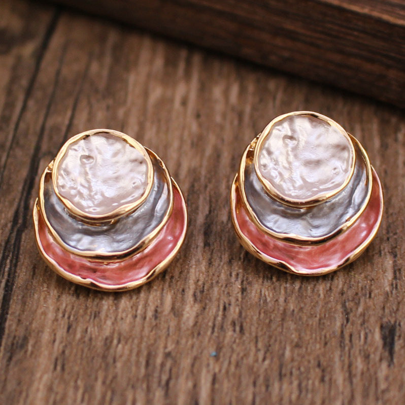 Ins Three-colored Painting Round Earrings Fashion Jewelry dealsniper-net Pink