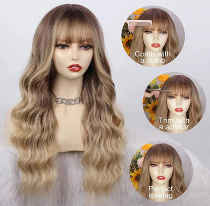 26 Inch Long Ash Blonde Wig With Bangs Natural Wavy Hair