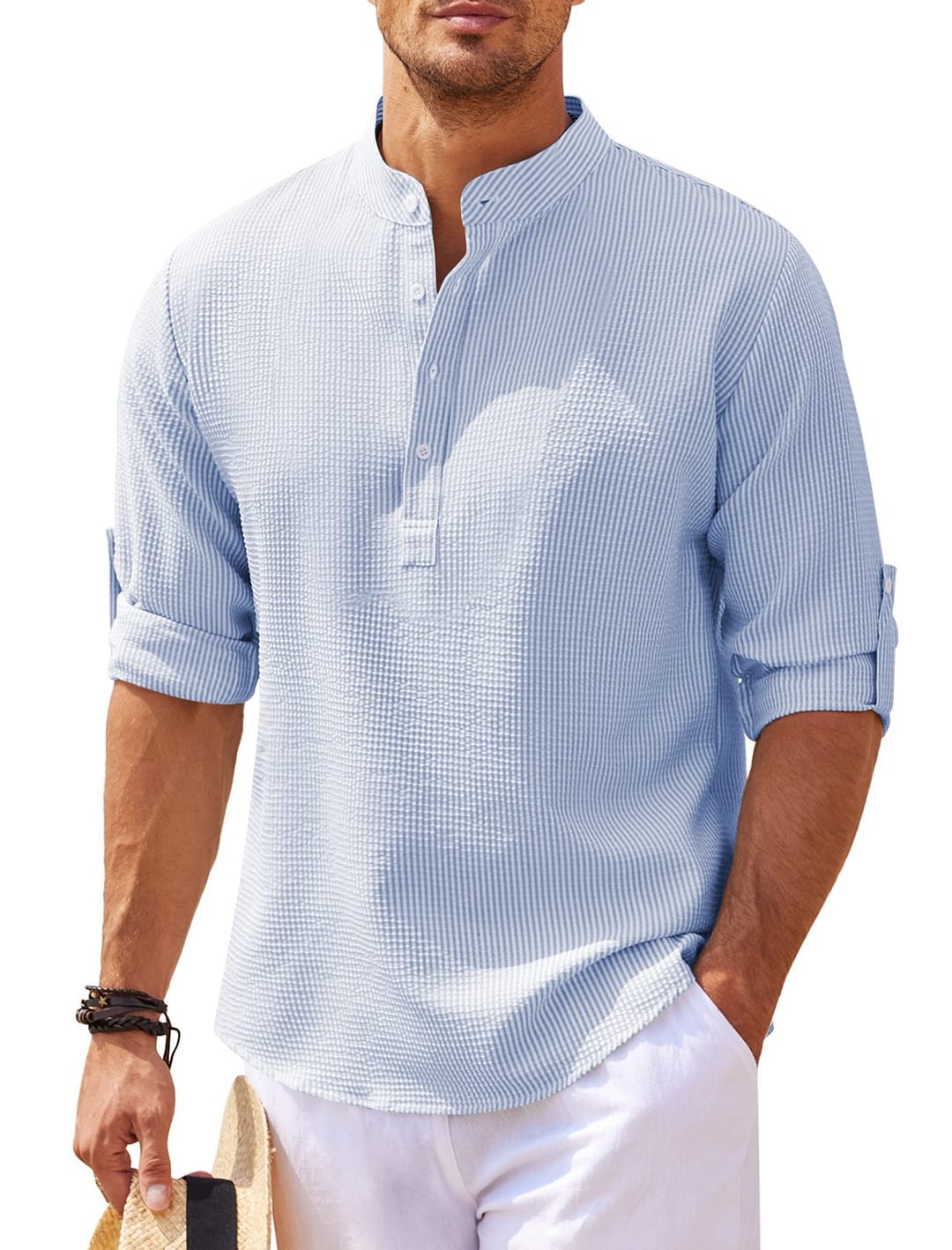 Men's Casual Shirt Long Sleeve Stand Collar Solid Color Shirt Mens Clothing Men DealSniper.net Blue 2XL