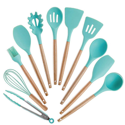 Silicone Kitchenware With Wooden Handle Kitchen dealsniper-net 12pcs green A