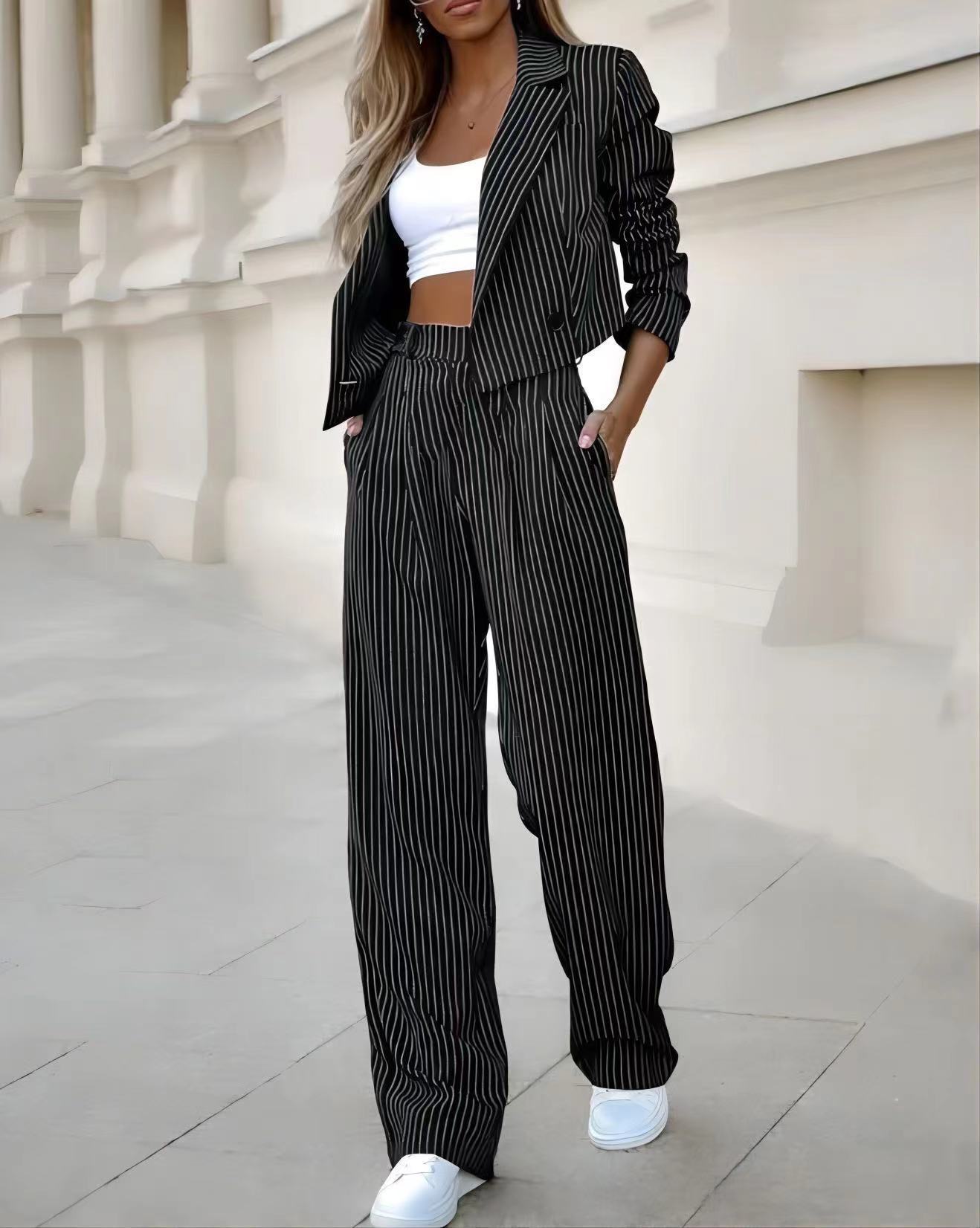 Casual Lapel Long Sleeve Cropped Top And Straight Pants Women DealSniper.net Black 2XL
