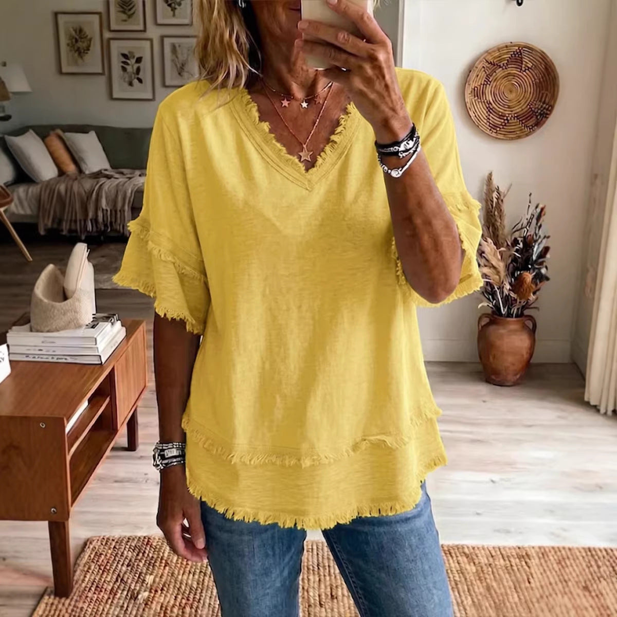 Casual Women's Shirt V-Neck Short Sleeve Loose Fit Women Gym From House