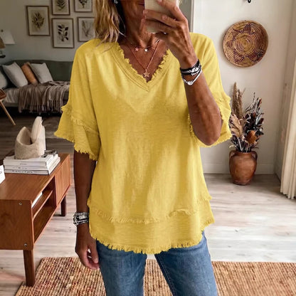 Casual Women's Shirt V-Neck Short Sleeve Loose Fit Women Gym From House