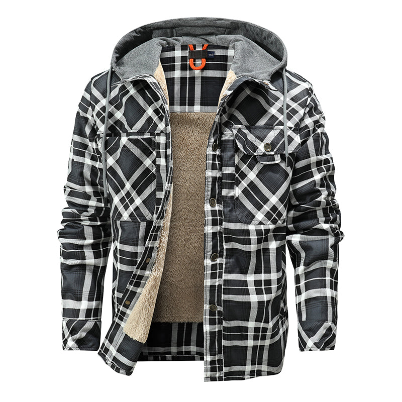 Men Warm Jacket Fleece Lining Lumberjack Plaid Hooded Jackets Snap Button Men dealsniper-net