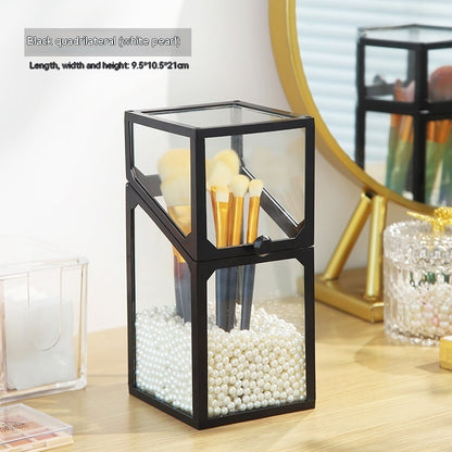 Makeup Brush Glass Storage Container Dustproof Cover Beauty dealsniper-net Black Square White Pearl